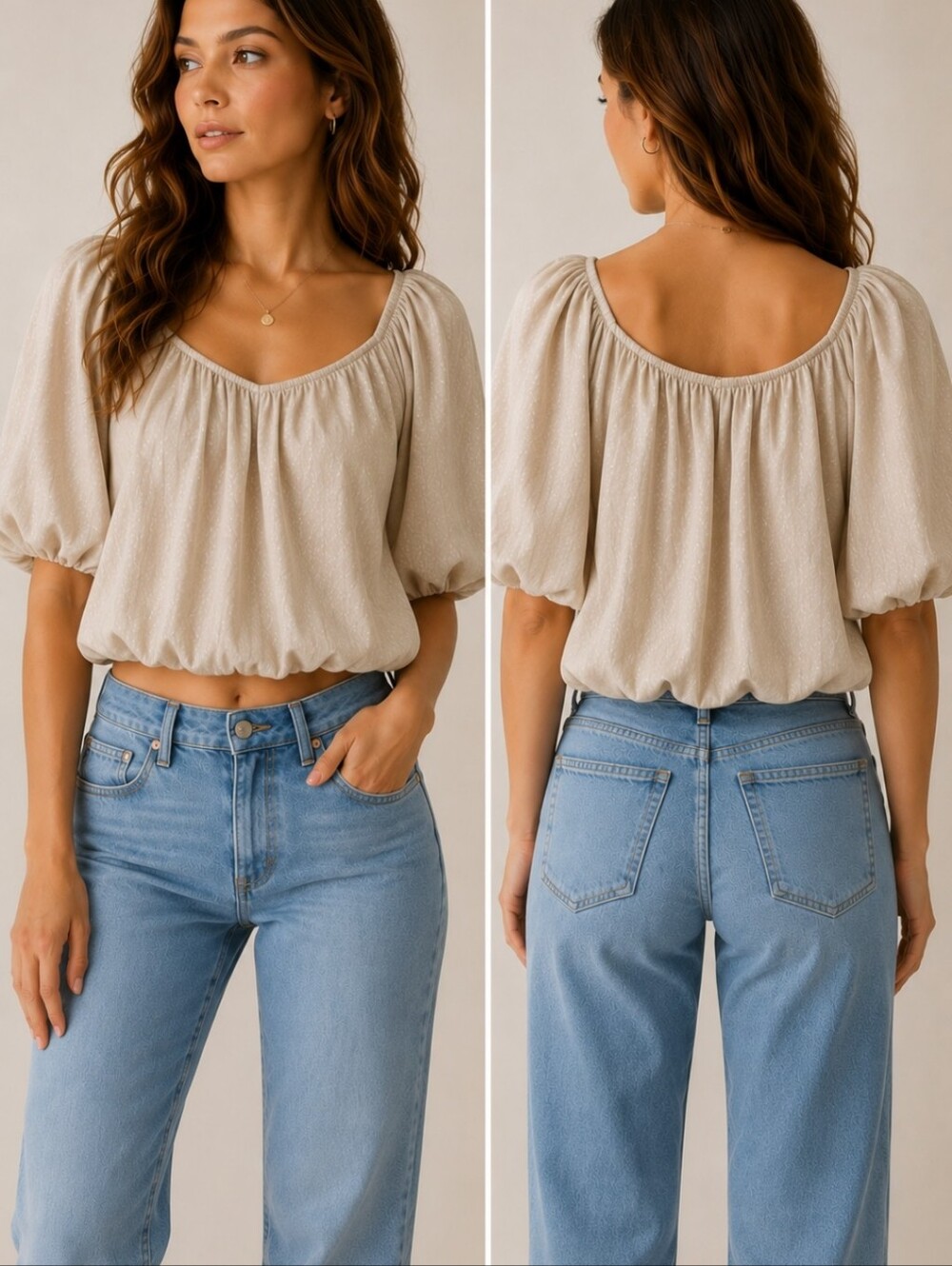 Express Beige Shimmer Peasant Puff Sleeve Blouse XS Romantic Boho Chic